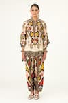 Rajdeep Ranawat_Beige Silk Geometric Mandarin Collar Ramona Tie-up Poncho  _Online_at_Aza_Fashions