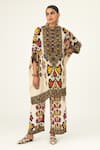 Buy_Rajdeep Ranawat_Beige Silk Geometric Band Chanel Pattern Tunic  _at_Aza_Fashions