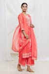 Samyukta Singhania_Pink Kurta Liva Floral Round Straight Long Sleeve Set _at_Aza_Fashions