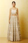 Shop_Vandana Sethi_Ivory Dupion Silk Embroidered Mirror Work U Neck Embellished Lehenga Set _Online_at_Aza_Fashions