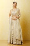 Shop_Vandana Sethi_Ivory Dupion Silk Embroidered Zardozi V Neck Geometric Embellished Lehenga Set 