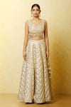 Vandana Sethi_Ivory Dupion Silk Embroidered Zardozi V Neck Geometric Embellished Lehenga Set _Online