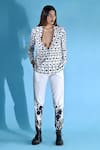 Buy_Jyoti Sachdev Iyer_White Cotton, Bamboo V-neck Geometric Print Jacket And Trouser Set _at_Aza_Fashions