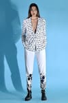 Jyoti Sachdev Iyer_White Cotton, Bamboo V-neck Geometric Print Jacket And Trouser Set _Online_at_Aza_Fashions