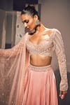 Shop_Ritika Mirchandani_Pink Net Embellished Crystal V Neck Derya Geometric Blouse Skirt Set _at_Aza_Fashions