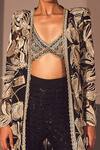 Shop_Ritika Mirchandani_Black Net Embroidered Floral V Neck Seda Long Jacket And Sharara Set For Women_at_Aza_Fashions