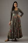 Balance by Rohit Bal_Grey Chanderi Silk Printed Floral Scoop Neck Anarkali Set _Online_at_Aza_Fashions