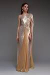 Buy_Cham Cham_Gold Stretch Knit Foil Solid Metallic One Shoulder Ruched Gown _at_Aza_Fashions