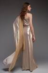 Shop_Cham Cham_Gold Stretch Knit Foil Solid Metallic One Shoulder Ruched Gown _at_Aza_Fashions