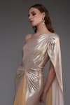 Cham Cham_Gold Stretch Knit Foil Solid Metallic One Shoulder Ruched Gown _Online_at_Aza_Fashions