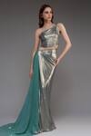 Buy_Cham Cham_Blue Stretch Knit Foil Solid Metallic One Sequined Draped Skirt With Top _at_Aza_Fashions