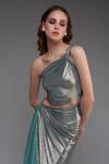 Cham Cham_Blue Stretch Knit Foil Solid Metallic One Sequined Draped Skirt With Top _Online_at_Aza_Fashions