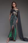 Buy_Cham Cham_Grey Stretch Knit Foil Solid Metallic One Sequined Draped Gown With Cape _at_Aza_Fashions