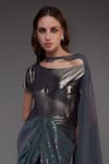 Cham Cham_Grey Stretch Knit Foil Solid Metallic One Sequined Draped Gown With Cape _Online_at_Aza_Fashions