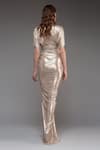 Shop_Cham Cham_Gold Stretch Knit Foil Solid Metallic V Neck Ruched Skirt With Top _at_Aza_Fashions