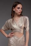 Cham Cham_Gold Stretch Knit Foil Solid Metallic V Neck Ruched Skirt With Top _Online_at_Aza_Fashions