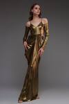 Buy_Cham Cham_Gold Stretch Knit Foil Solid Metallic V Neck Side Cut Out Gown _at_Aza_Fashions