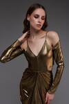 Cham Cham_Gold Stretch Knit Foil Solid Metallic V Neck Side Cut Out Gown _Online_at_Aza_Fashions