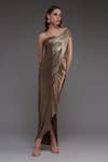 Buy_Cham Cham_Brown Stretch Knit Foil Solid Metallic One Shoulder Draped Gown For Women_at_Aza_Fashions