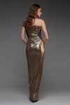 Shop_Cham Cham_Brown Stretch Knit Foil Solid Metallic One Shoulder Draped Gown _at_Aza_Fashions