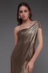Cham Cham_Brown Stretch Knit Foil Solid Metallic One Shoulder Draped Gown For Women_Online_at_Aza_Fashions