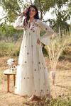 Palak Khandelwal_Ivory Cotton, Silk Embroidery V-neck Floral Dress _Online_at_Aza_Fashions