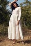 Palak Khandelwal_Ivory Cotton, Silk Embroidery Round Neck Tiered Dress _Online_at_Aza_Fashions