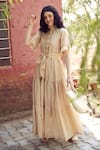 Buy_Palak Khandelwal_Beige Cotton, Silk Ruffles Round Neck Tiered Floral Embroidered Dress _at_Aza_Fashions