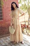 Palak Khandelwal_Beige Cotton, Silk Ruffles Round Neck Tiered Floral Embroidered Dress _Online_at_Aza_Fashions