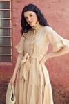 Buy_Palak Khandelwal_Beige Cotton, Silk Ruffles Round Neck Tiered Floral Embroidered Dress _Online_at_Aza_Fashions