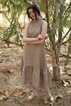 Buy_Palak Khandelwal_Brown Linen Halter Tiered Dress _at_Aza_Fashions