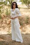 Palak Khandelwal_Ivory Linen Square Neck Puff Sleeve Top And Pant Set _Online_at_Aza_Fashions