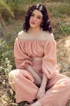 Palak Khandelwal_Pink Cotton Off-shoulder Puff Sleeve Pant Set _at_Aza_Fashions