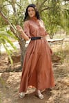 Buy_Palak Khandelwal_Brown Organic Cotton Ruffle Tiered Gathered Dress _at_Aza_Fashions