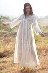 Palak Khandelwal Ivory Cotton, Silk Pearls, Embroidery V-neck Dress Online at Aza Fashions Palak Khandelwal_Ivory Cotton, Silk Pearls, Embroidery V-neck Dress _Online_at_Aza_Fashions