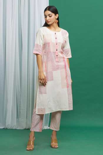 Buy_BANANA labs_Pink Cotton Round Neck Print Kurta And Pant Set _Online_at_Aza_Fashions