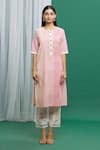 Banana Labs_Pink Cotton Round Neck Stripe Pattern Kurta And Pant Set _Online_at_Aza_Fashions