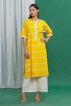 Shop_Banana Labs_Yellow Cotton Round Neck Stripe Pattern Kurta And Palazzo Set _Online_at_Aza_Fashions