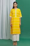 BANANA labs_Yellow Cotton Print Stripe Round Neck Straight Fit Pattern Kurta Set _at_Aza_Fashions