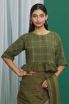 Silkwaves_Green Cotton Hand Block Print Saree With Crop Top_at_Aza_Fashions