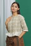 Banana Labs_Brown Cotton Print Check Round Neck Pattern Ruffle Trim Crop Top_Online_at_Aza_Fashions