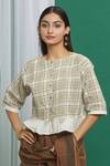 Buy_Banana Labs_Brown Cotton Print Check Round Neck Pattern Ruffle Trim Crop Top_Online_at_Aza_Fashions