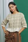Shop_Banana Labs_Brown Cotton Print Check Round Neck Pattern Ruffle Trim Crop Top_Online_at_Aza_Fashions