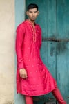 Buy_PUNIT BALANA_Red Chanderi Silk Embroidered Resham Work Kurta With Churidar _at_Aza_Fashions