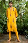 Buy_PUNIT BALANA_Yellow Satin Silk Embroidered Resham Work Foliage Print Kurta With Churidar _at_Aza_Fashions