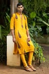 PUNIT BALANA_Yellow Satin Silk Embroidered Resham Work Foliage Print Kurta With Churidar _Online_at_Aza_Fashions