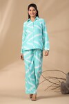 Buy_BAIRAAS_Blue Muslin Printed Stripe Shirt Collar Pattern And Pant Set_at_Aza_Fashions