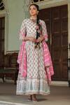 Bairaas_Pink Mul Cotton Printed Mughal V Neck Block Anarkali With Dupatta_at_Aza_Fashions