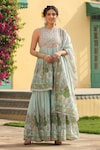 Buy_BAIRAAS_Green Mul Cotton Printed Block Round Floret Anarkali Sharara Set_at_Aza_Fashions