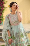 BAIRAAS_Green Mul Cotton Printed Block Round Floret Anarkali Sharara Set_Online_at_Aza_Fashions